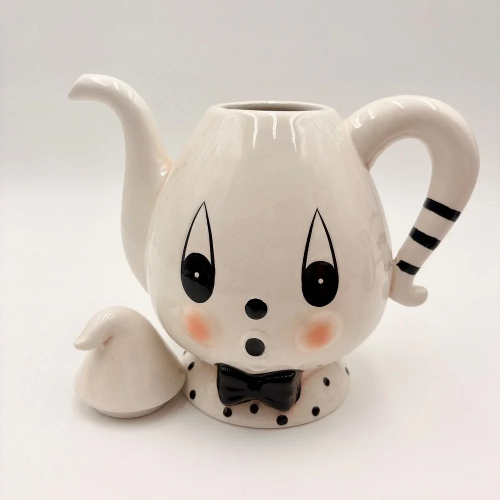 Johanna Parker Gus Ghost Clown Ceramic Teapot White Black Polka Dot Halloween
